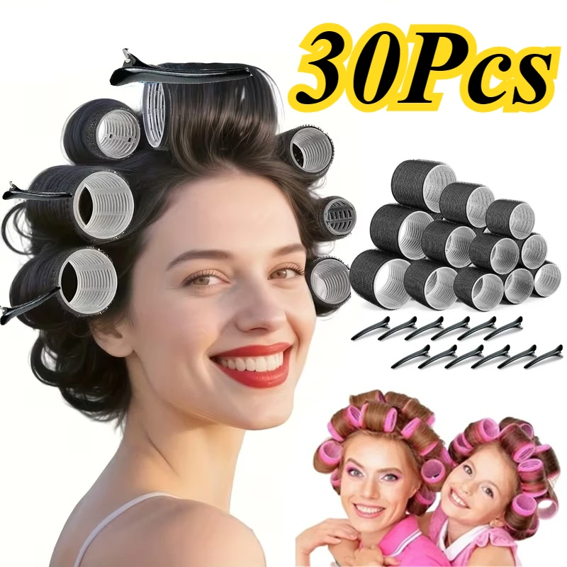 

30Pcs Rollers Hair Curlers Set 18Pcs Self Grip Hair Rollers 3 Sizes 12Pcs Clips Hairdressing Curler Curl Salon Hair Styling Tool