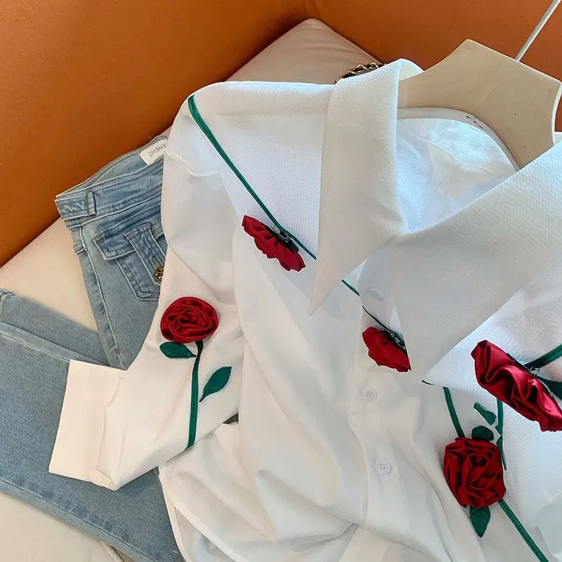 Autumn Three-dimensional Rose White T-shirts Korean Loose Office Lady Fashion Simple Casual Women Blouse