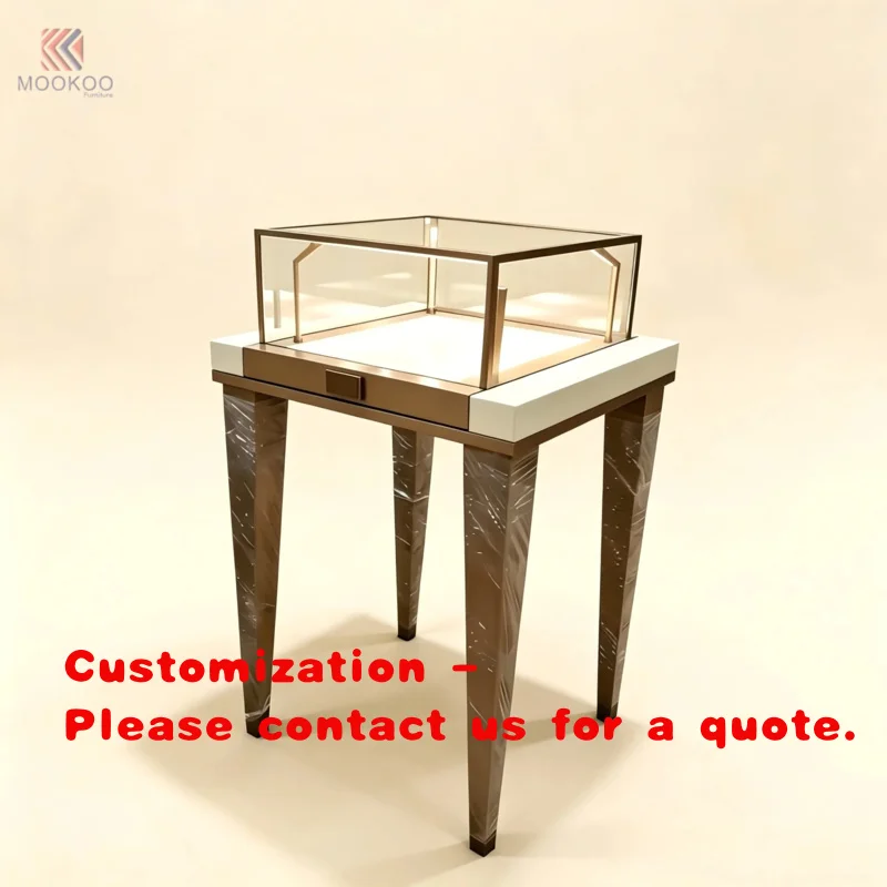 custom.Square Metal Frame Glass Display Showcase With Drawer Slim Tapered Leg Retail Display Table Luxury Jewelry Boutique