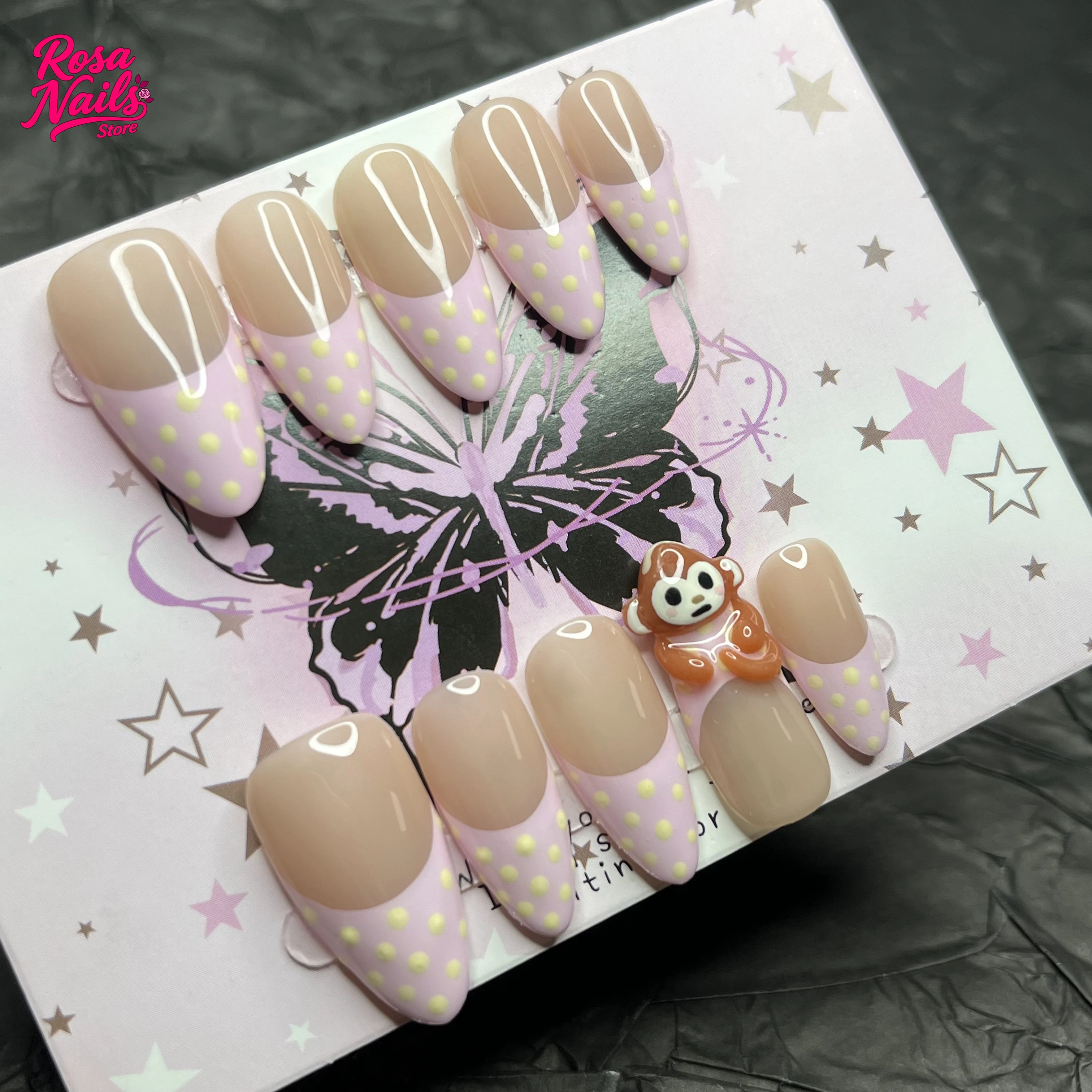 

10pcs Handmade Press on Nails Pink Polka Dots 3D Monkey Nail Acrylic Almond French Tips Nail Polka Dot Pink Thick Monkey Nails