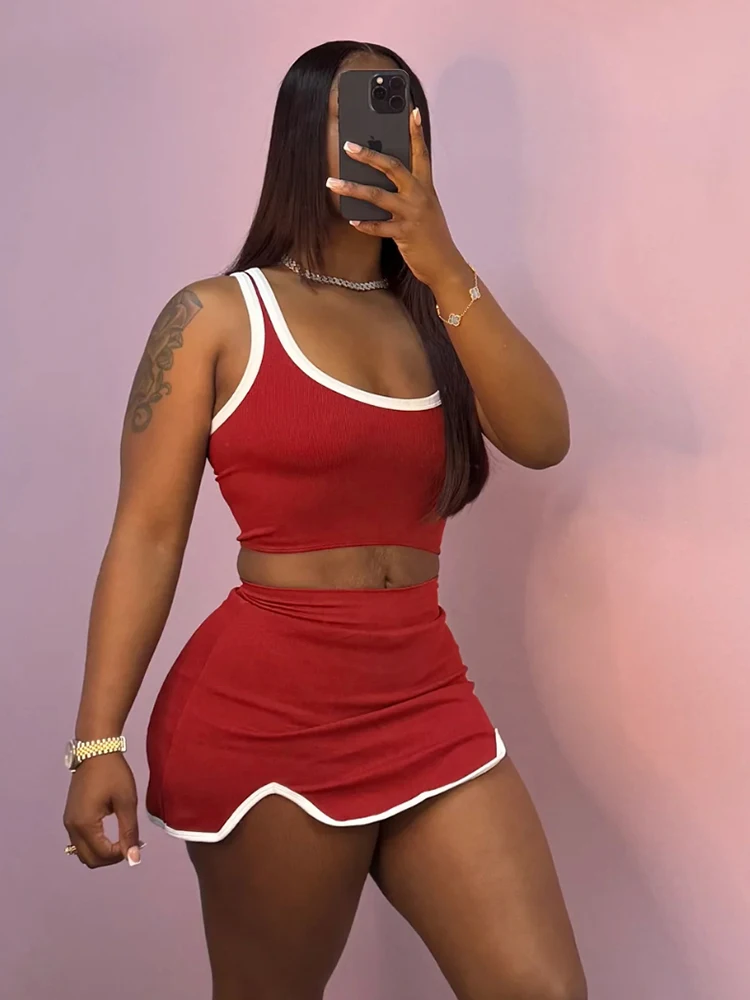 Sisterlinda Panelled Trim Matching 2 Piece Set Fashion Concise U-neck Backless Slim Crop Tanks+Irregular Mini Skirts Daily Suits