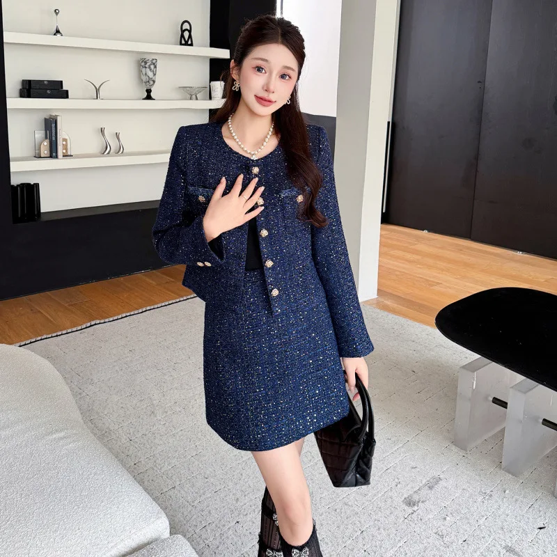 Navy blue coarse floral sequin 2-pcs set jacket+short skirt 2026 new autumn and winter small fragrance style set