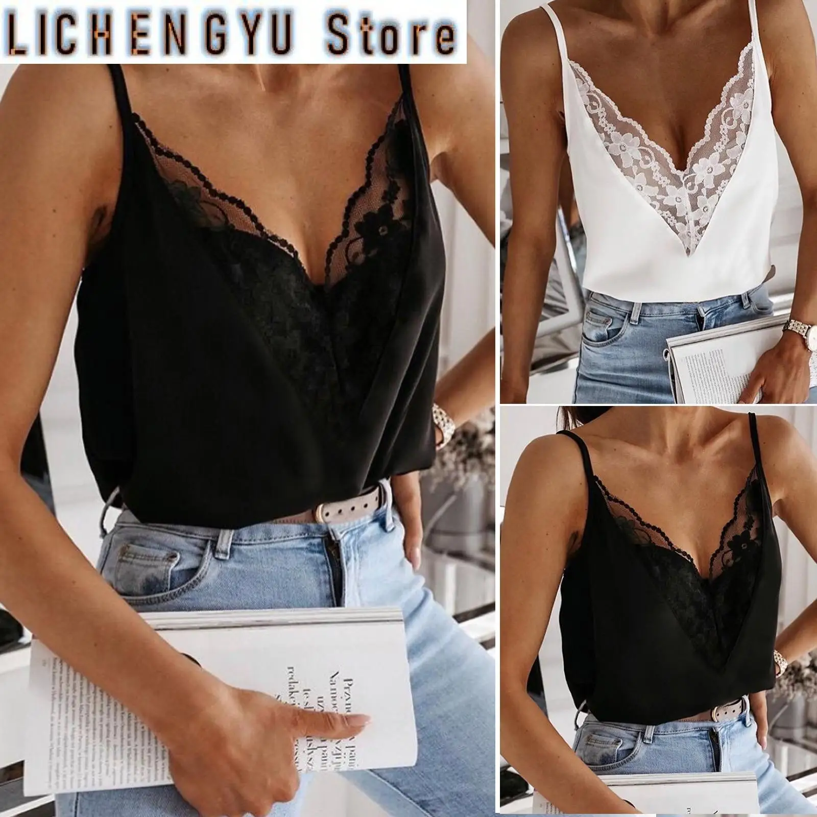 

Solid Color Lace Splicing Camisole For Women Plus Size V-neck Suspender Vest Top Blouse Camis Crop Top Women Ropa Mujer