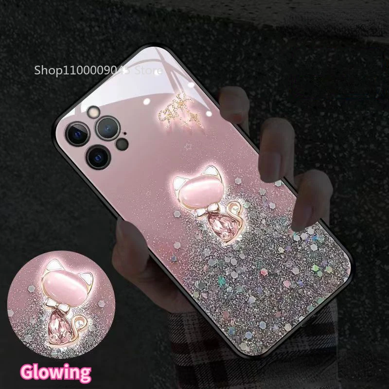 

Pink Cat Sound Control Luminous LED Flash Up Phone Case For iPhone 15 14 13 12 11 Pro Max X XR XS 7 8 plus mini SE20 Cover Funda