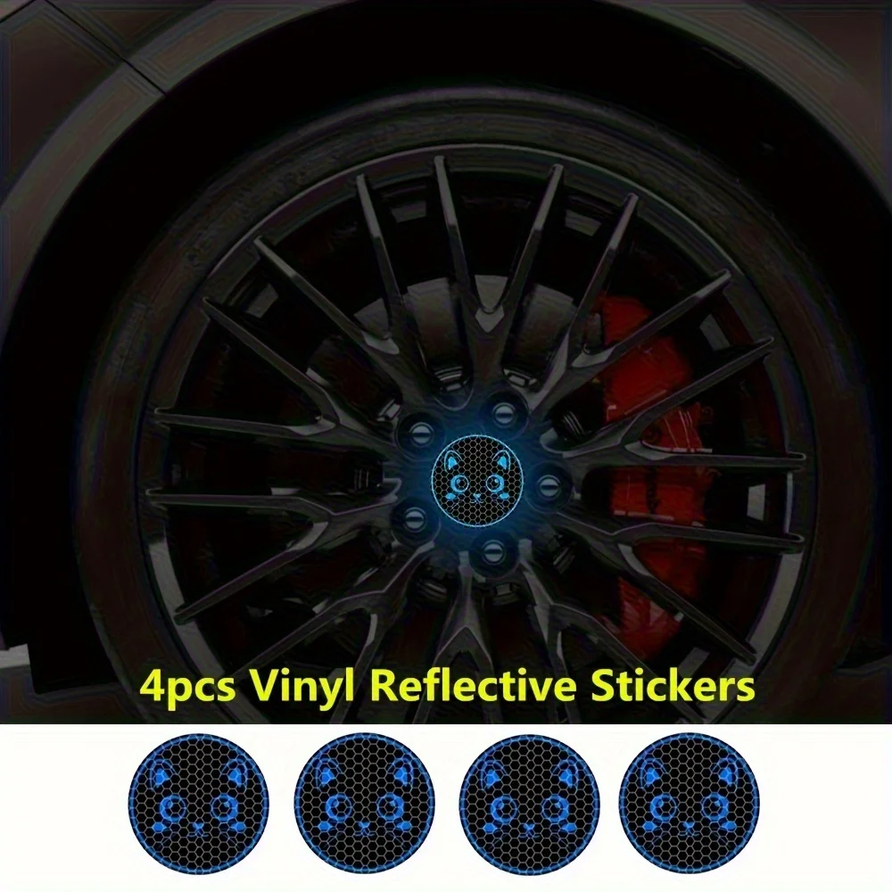 4Pcs Cute Cat High Reflective Wheel Hub Stickers, Night Warning Vinyl Decals for Car Wheel Center Exterior Decor