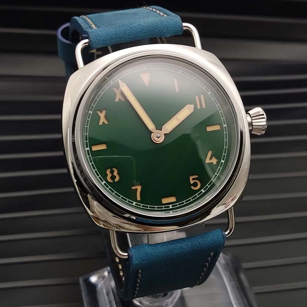 45mm Men\'s Classic Vintage Manual Watch with Leather Strap, Stainless Steel Water Resistant Case, Night C3 Green Glow Watch