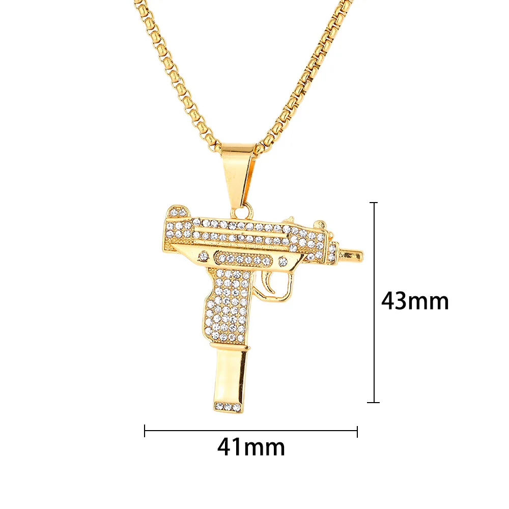 Hip hop Assault Rifle UZI Gun Iced Out Shiny CZ Pendant Gold Color Stainless Steel Rapper Necklace Man Hippie Military Jewelry