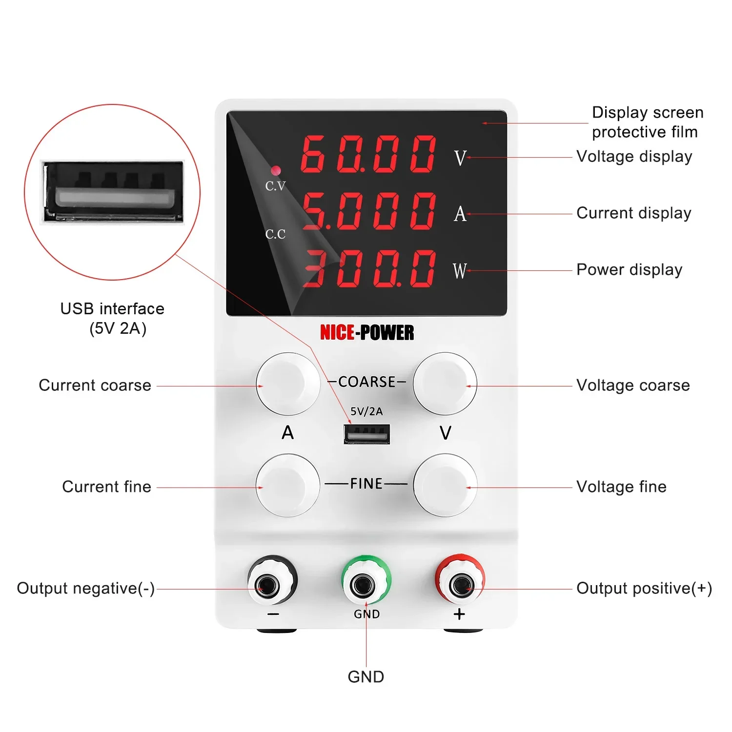 Nice Power SPS605 DC Power Supply Four Display Adjustable Switching Variable Power Source 60V 5A