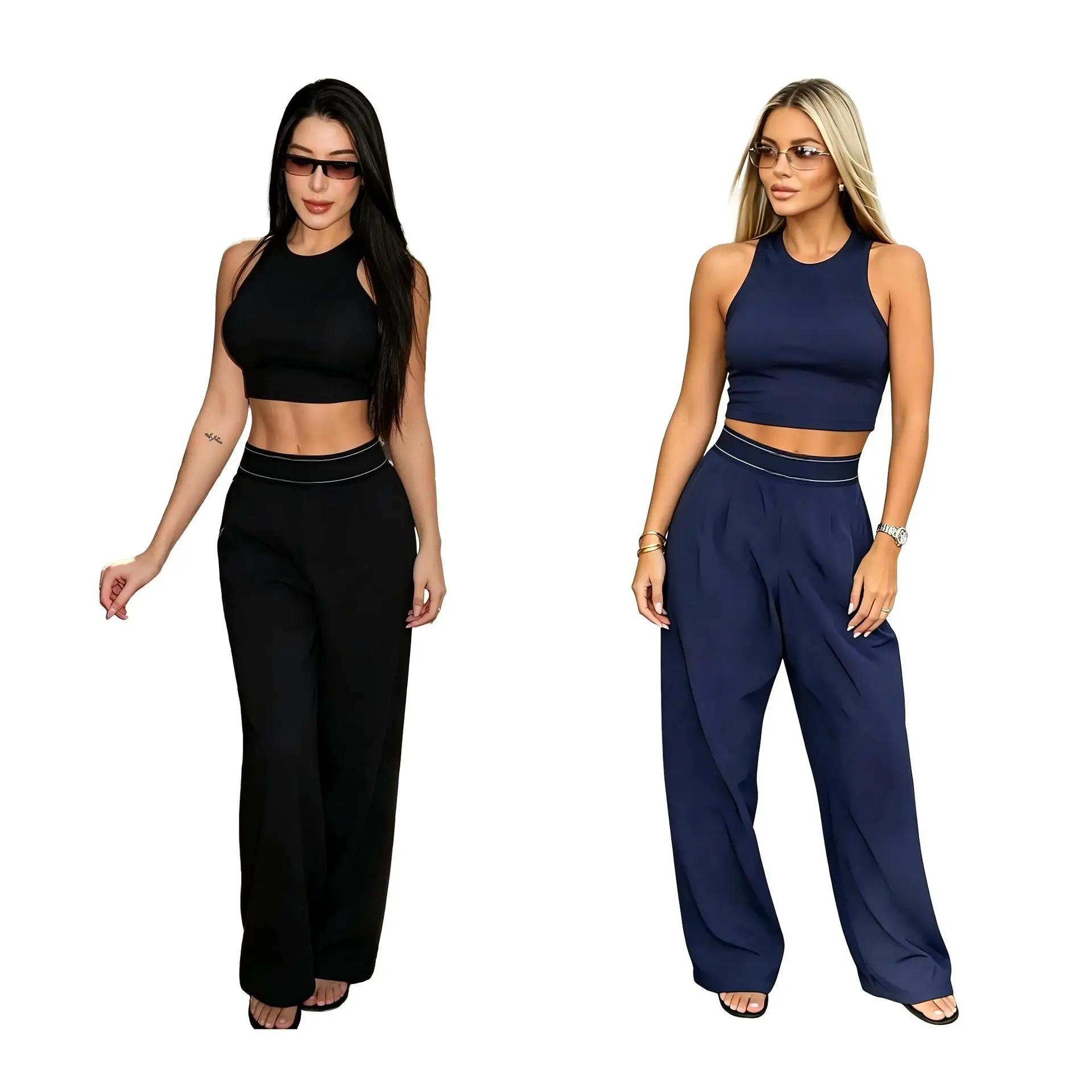 Q6402  Fashionable High-End Sleeveless Vest Wide-Leg Pants Set for Casual Commuting and Sports