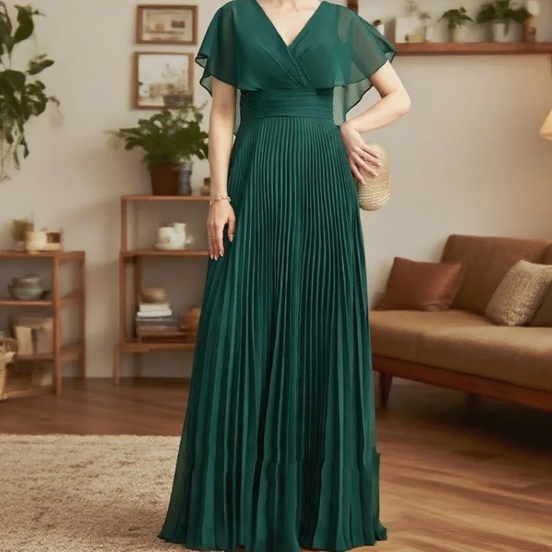 

Floor Length Wedding Party Gown Sleeveless Zipper Fashion Green Chiffon Mother of Bride Dresses Pleat Summer