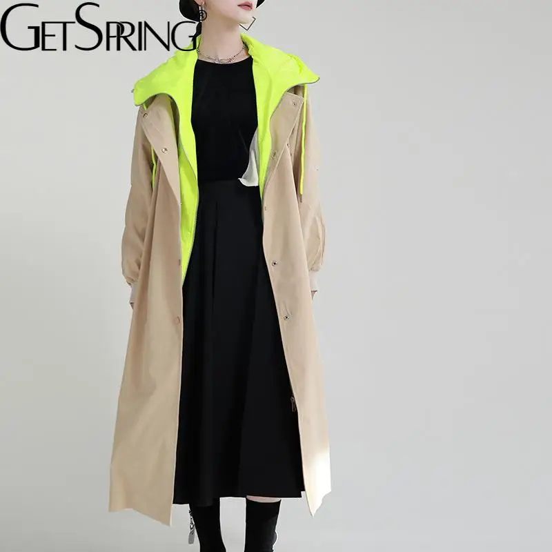 Getspring Women Trench Coat Color Matching Patchwork Hooded Windbreaker Double Breasted Bandage Khaki Long Overcoat 2022 New