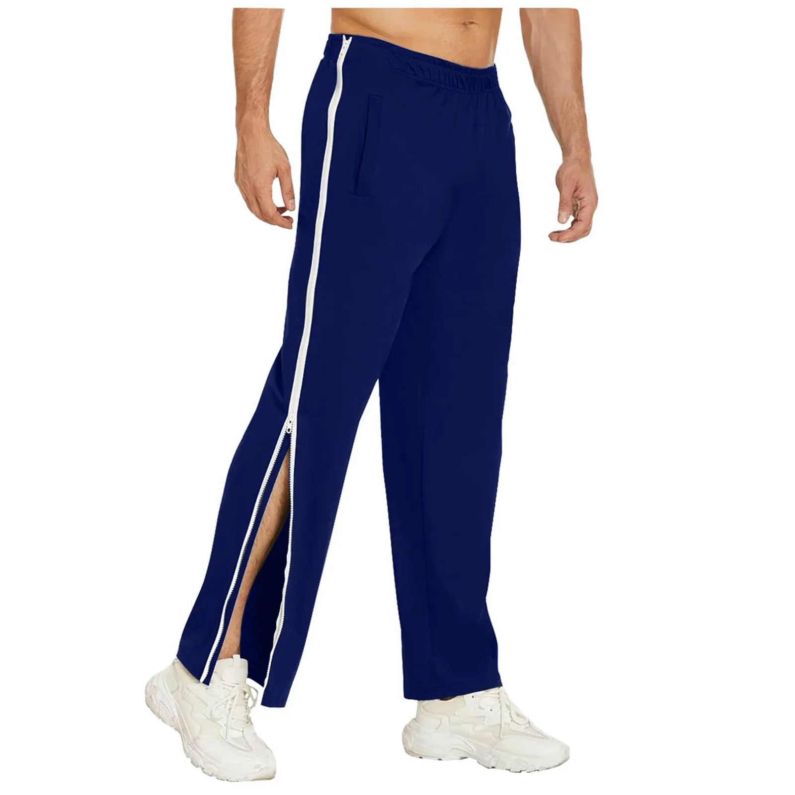 Men Sweatpants Elastic Waistband Pockets Sports Trousers Splicing Color Wide Leg Side Zipper Tear Away Basketball Pants