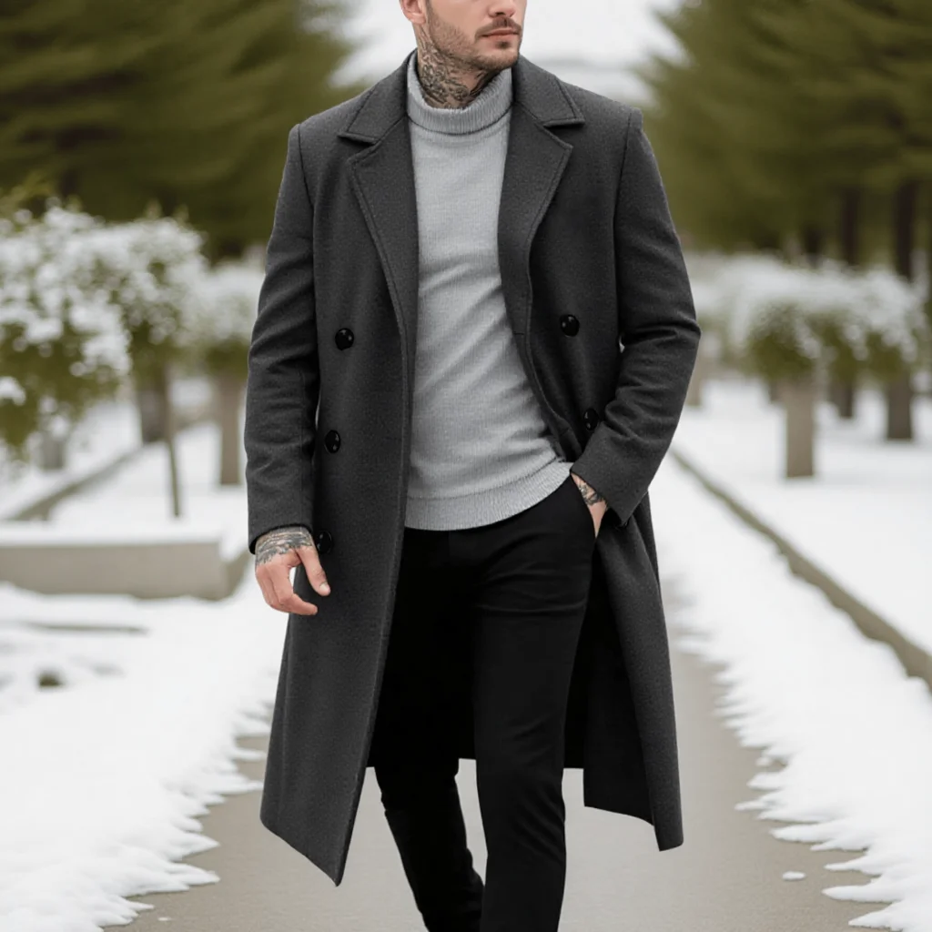 

Men's Double Breasted Long Trench Coat, Wool Blend Warm Windproof Jacket, Autumn Wear, Solid Color Fashion Style Woolen Coats