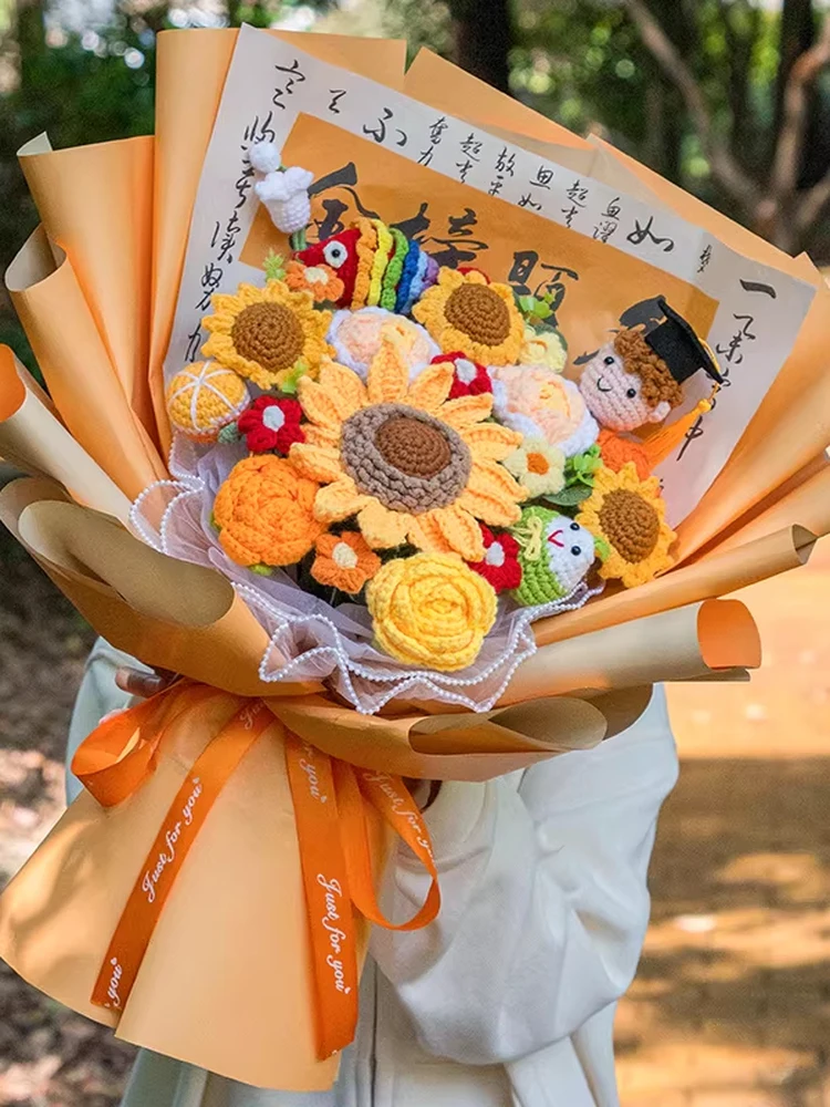 手作り卒業祝いギフト-大人男性向け-黄色いひまわりウールフラワーブーケ-クリエイティブdiy編み物材料キット-by-snow-fairy