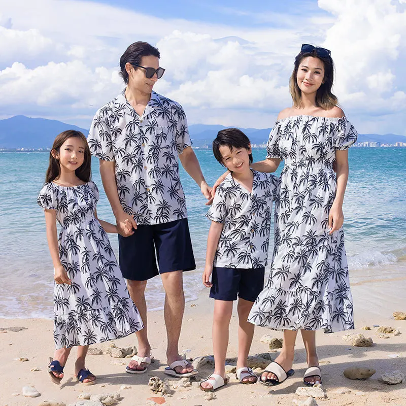 

Family Fashion Beach Mother Father and Son Kit Vacation 2024 Mom and Daughter Equal Party Dresses Dad and Kid Boy Clothes Sets