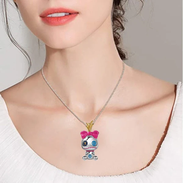 Lovely Funny Ghost Doll Circus Clown Necklace for Women Pink Bow Cartoon Character Pendant Creative Personality Birthday Jewelry