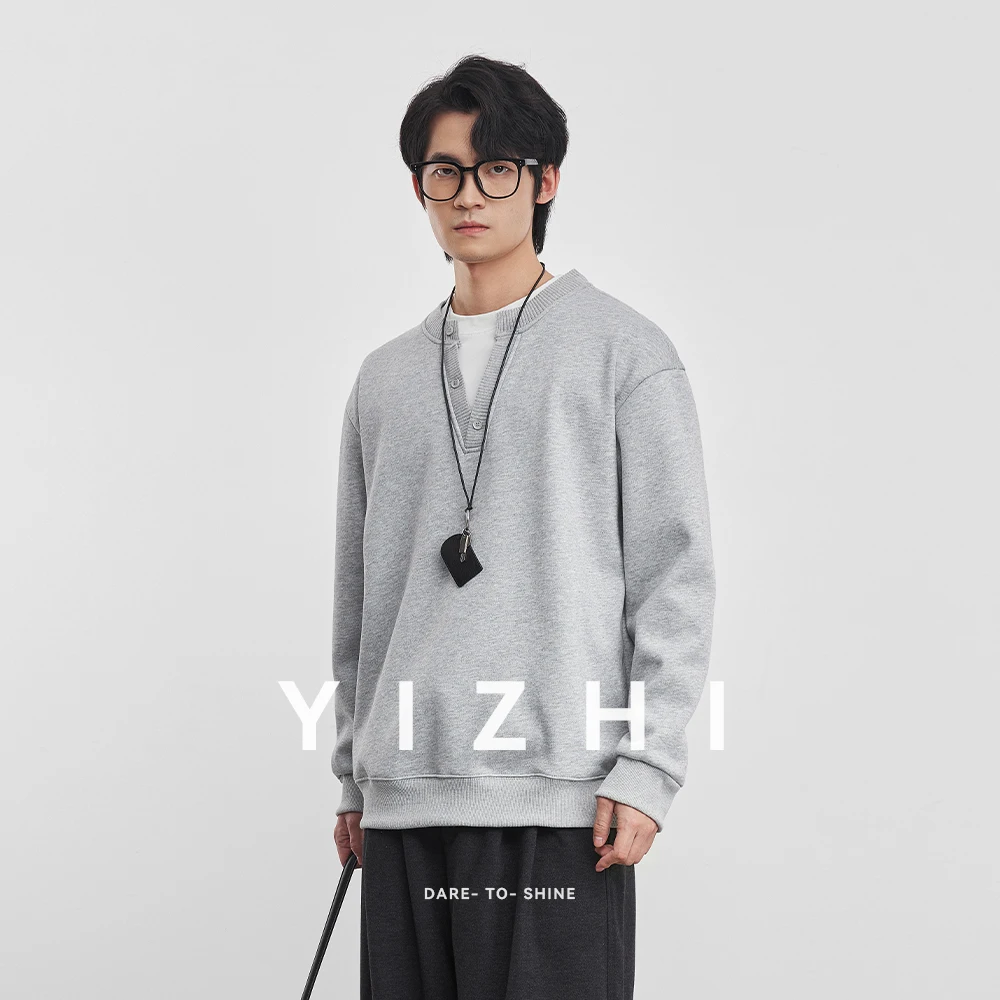 

Fashion Men's American Retro Faux Sweatshirt 2025 Autumn Winter Patchwork Crew Neck Fleece-Lined Long Sleeve Top Loose Pullover