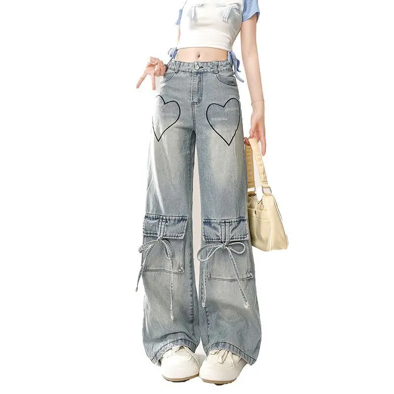 

Pants Multi-Pocket Love Laces High Waist 2024 Blue Women'S Fashion Harajuku Straight Leg Jeans Baggy Large Size Denim Overalls