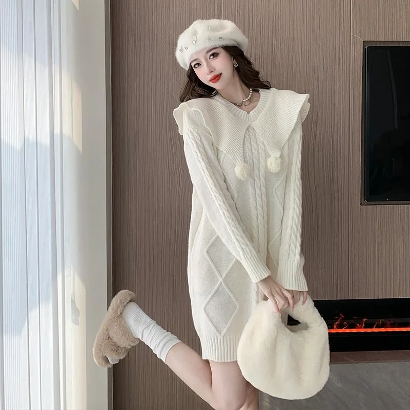 Lazy Casual Autumn and Winter New Style Doll Collar Sweet Soft Sweater Dress