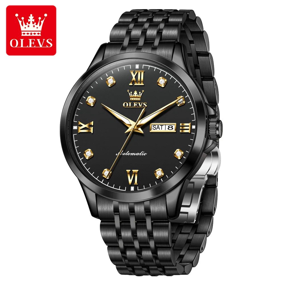 ساعات رجالية أصلية ماركة OLEVS مقاومة للماء من الفولاذ المقاوم للصدأ المضيء بتقويم مزدوج للأعمال ساعة ميكانيكية أوتوماتيكية للرجال #1