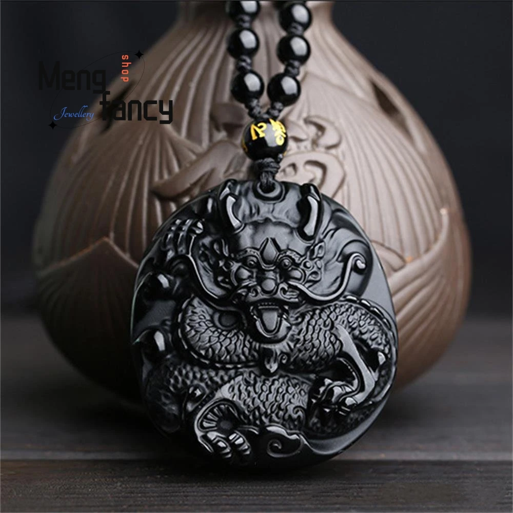 

Natural Obsidian Zodiac Dragon Plaque Pendant Retro Simple Exquisite Fashion Luxury Jewelry Best Selling Handicraft Holiday Gift