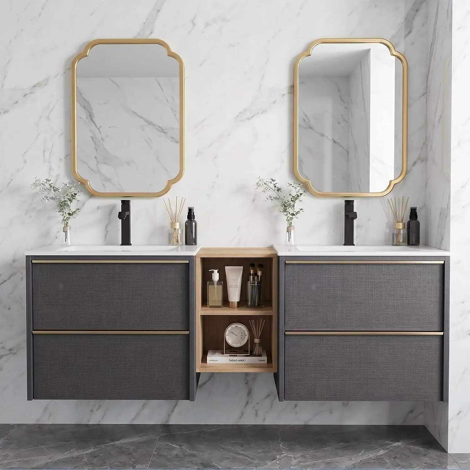 

60 Inch Modern Floating Double Sink Bathroom Vanity, Wall-Mounted Cabinet with U-Shaped Drawers, Beveled Invisible, Custom