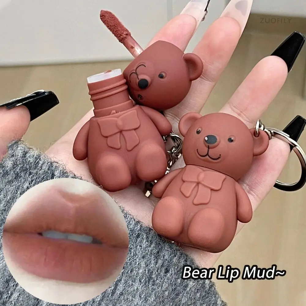 Bear Nourishing Lipgloss Moisturizing Lip Glaze Lip Plumper Lipstick Lip Gloss with Keychain Matte Lip Mud Velvet Lip Tinted