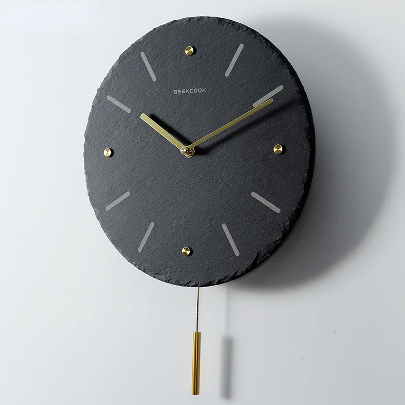 Nordic creative home wall clock: the turn of gold and stone, natural slate stone brass scale swing clock