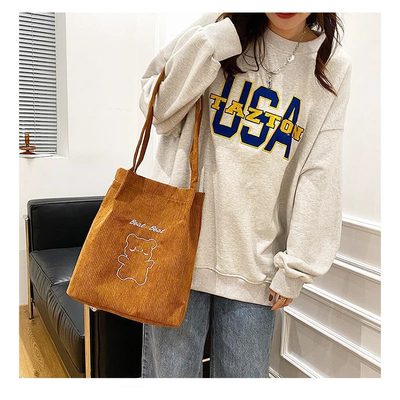 Cartoon Embroidered Shoulder Bag Corduroy Women Handbag Student School Purse Shoulder Bags