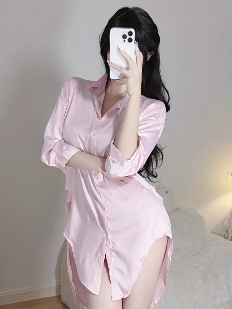 New shirt loose oversized sexy lingerie Solid color temptation sleeping elegant long dress summer home clothing korean style XTB