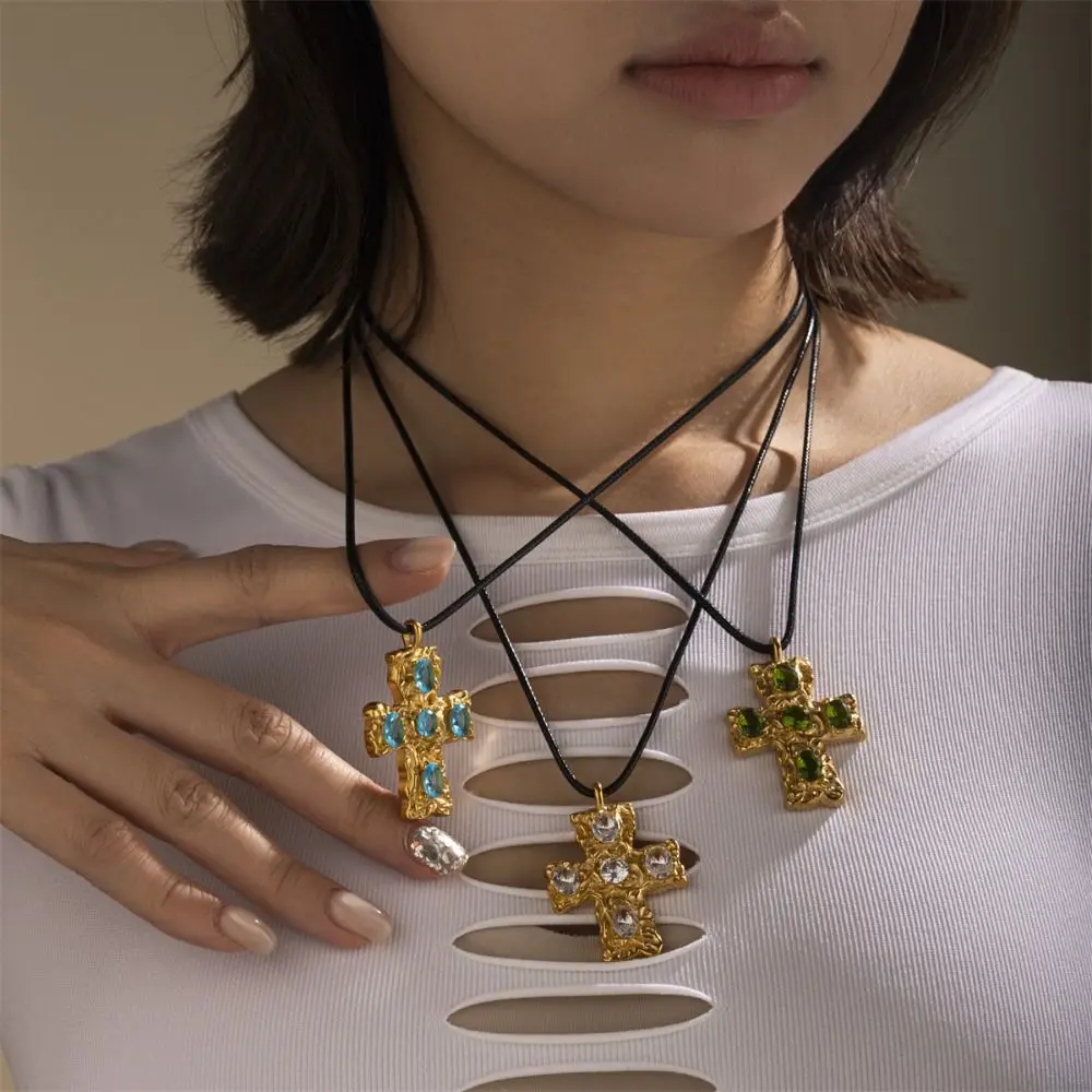 

Metal Vintage Necklace Colored Zircon Stainless Steel Cross Pendant Necklace Retro Irregular Exaggerated Necklace Jewelry Gift