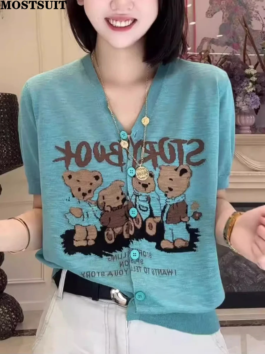 

2025 Summer Knitted Sweater Cardigan For Women Cartoon Bear Jacquard V-neck Short Sleeve Tops Knitwear Casual Fashion Jumpers