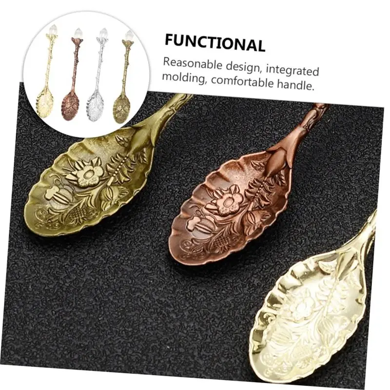 A84E-Vintage Engraved Coffee Dessert Spoon Set, Crystal Pattern Alloy Leaf Spoon Mug Coffee Ice Cream Spoon