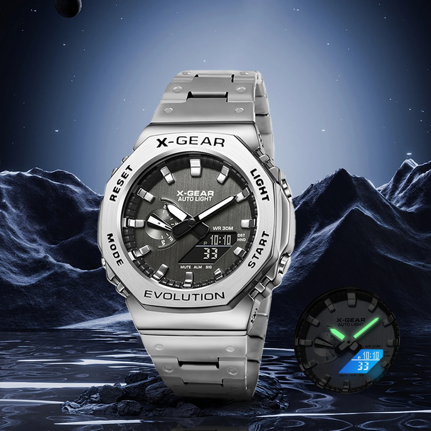 ساعة X-GEAR الرقمية الرياضية الإلكترونية للجنسين، شاشة مزدوجة، وظيفة كاملة، سبيكة LED، حزام فولاذي كبير الوقت