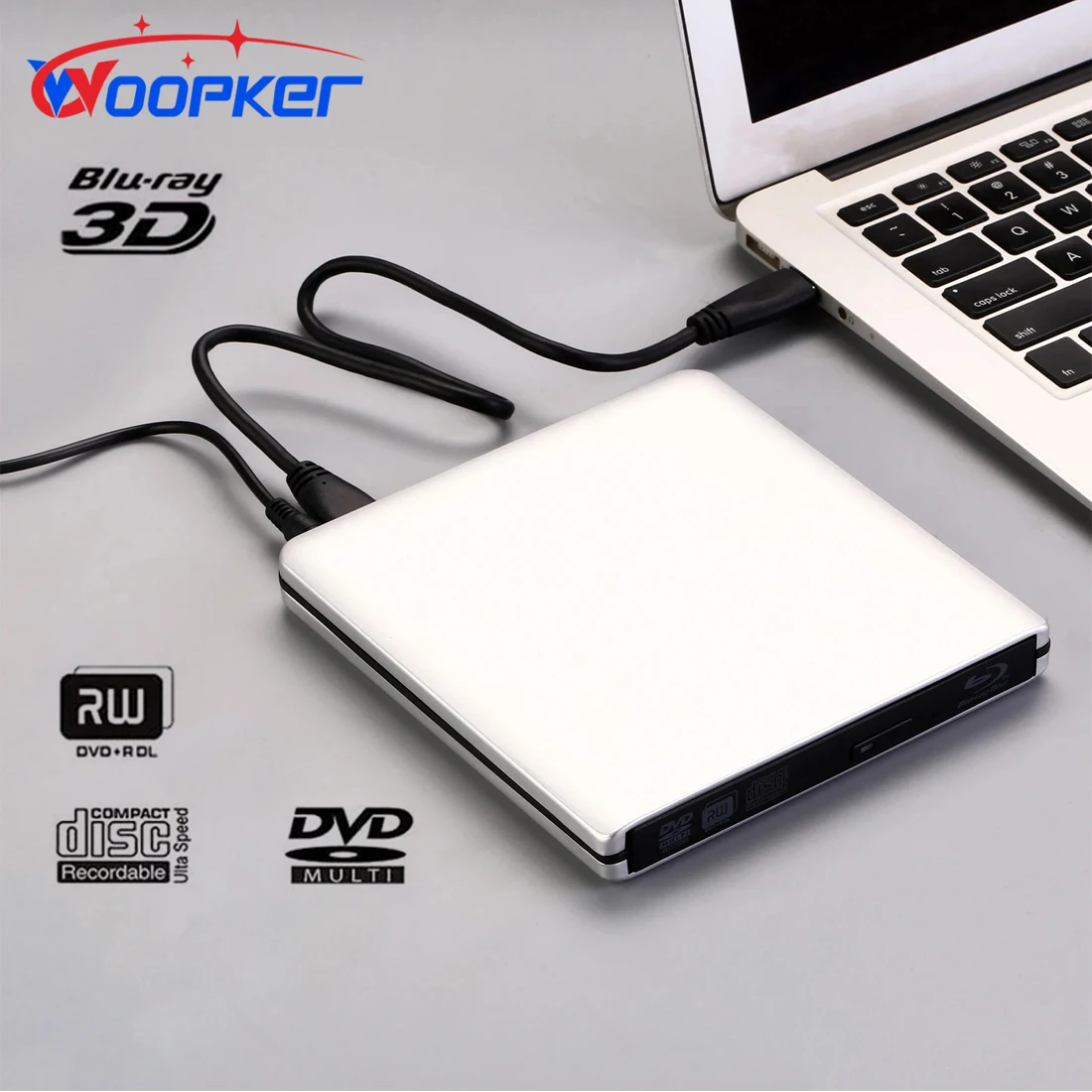 Woopker Blu-ray Burner USB3.0 Type C 3D Slim Drive DVD Player DVD+/-RW Reader Media Player for Windows/MAC OS Laptop