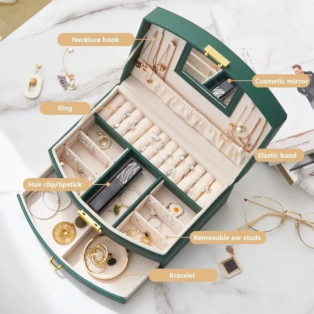 

Drawer Type Handheld Luxury Jewelry Box with Mirror PU Leather Multi-layer Drawer Storage Box Multifunction High Quality