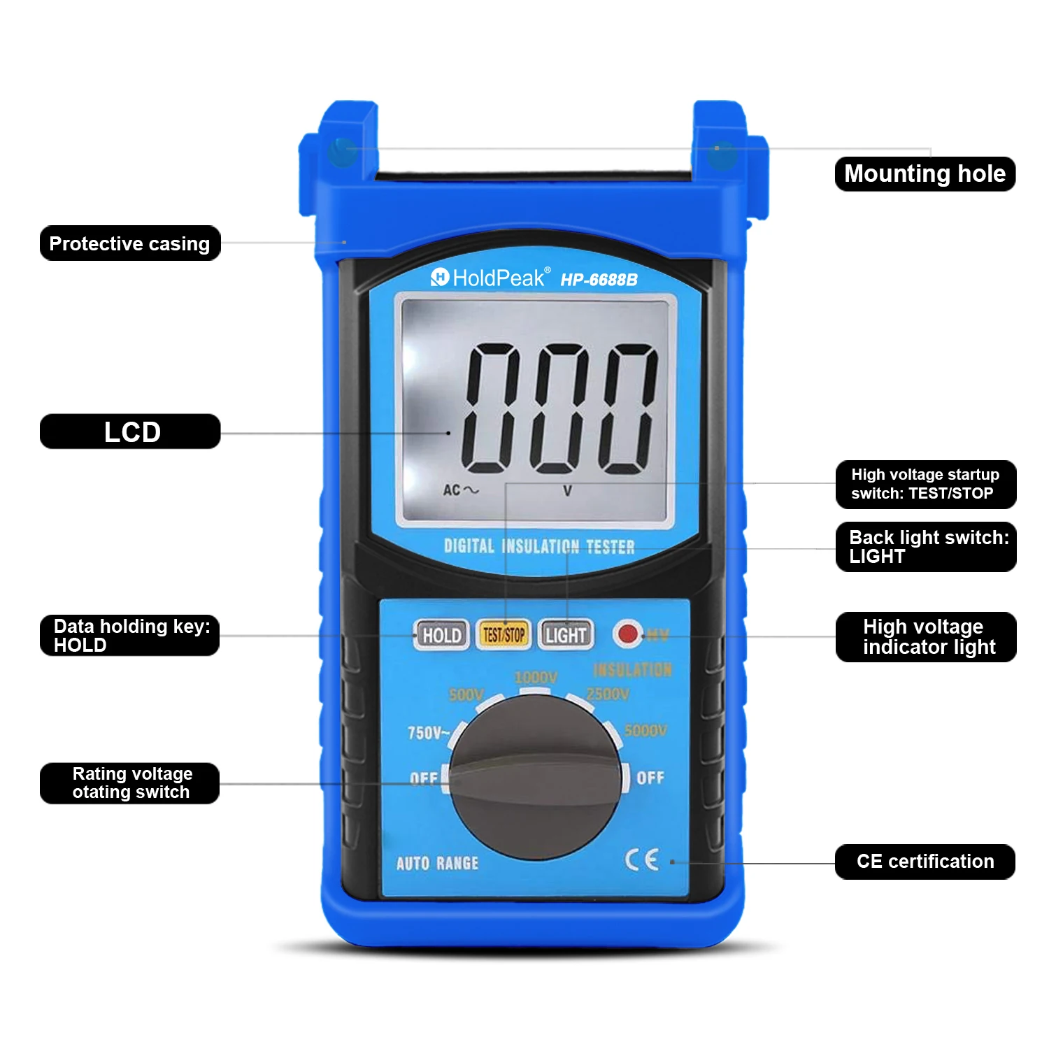 HoldPeak HP-6688B testador de resistência de isolamento digital 5000V instrumento de medida de tensão profissional testador portátil de alcance automático