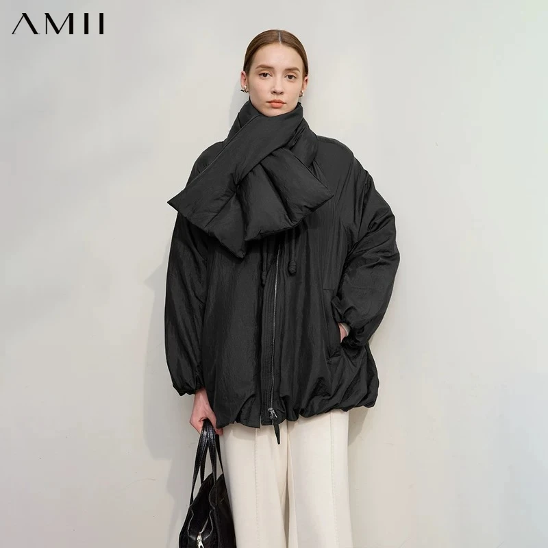 AMII Down Coats 2026 Winter New Warm Casual O-Neck Long Sleeves Solid Color Down Jackets Woman Zipper Loose Jacket Top 12554030