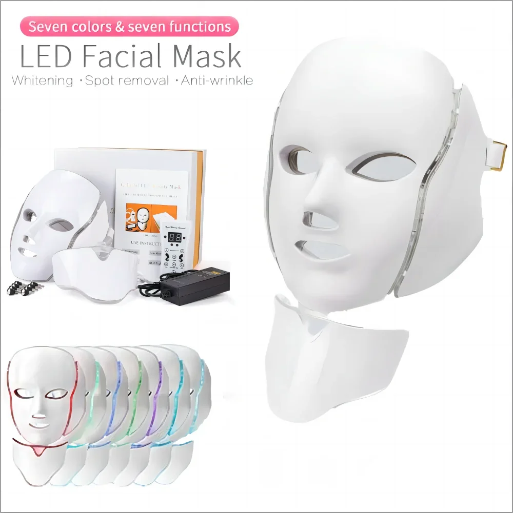 7 cores lumineux LED photothérapie de soin de la peau anti-acne máquina visage cou beauté LED masque