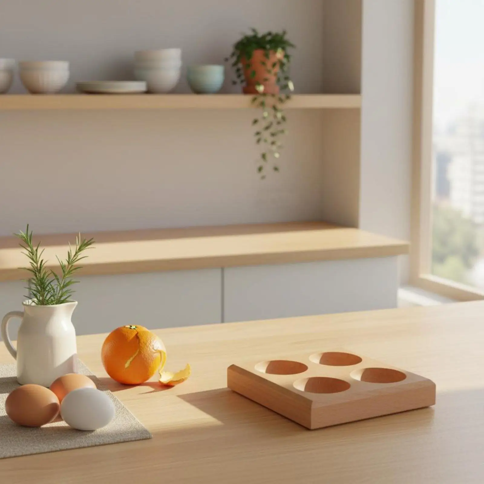 Space Saving Beech Egg Tray Artisanal Egg Holder Cutlery Organizer for Home Refrigerator Storage