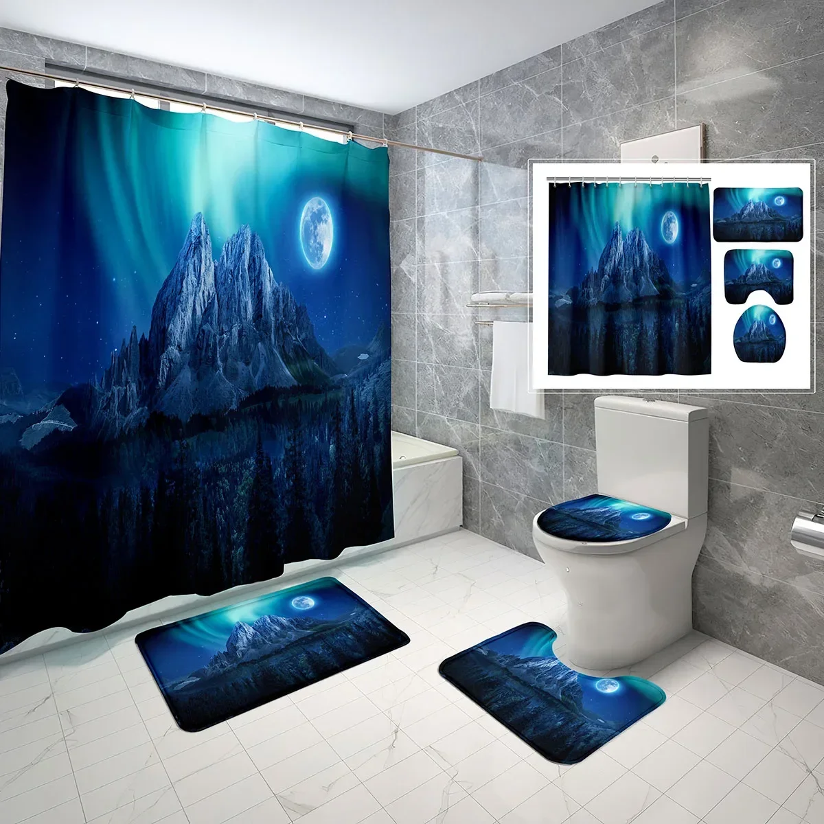 

4 шт., наборы занавесок для душа Moon Night Forest, Северная ночь, Аврора, нескользящие коврики для ванной, крышка унитаза, водонепроницаемый набор занавесок для душа