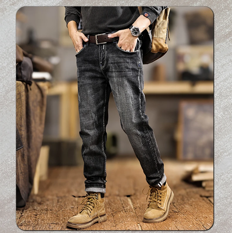 جينز دينم مغسول عصرية لربيع وخريف 2025 للرجال سروال أمريكي عتيق غير رسمي بقصة ضيقة قابل للتمدد