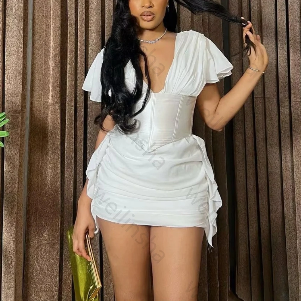 

Sexy V-Neck Short Sleeves Pleat Cocktail Dresses Elegant Celebrity Dress Exquisite High Quality Prom Party Gown Women Customized