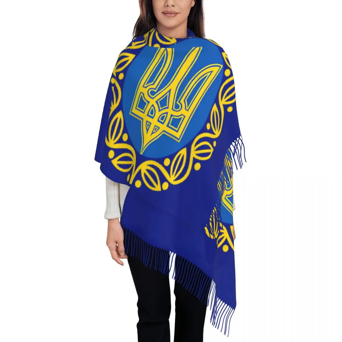 Fashion Coat Of Arms Ukraine Flag Tassel Scarf Women Winter Warm Shawl Wrap Ladies Ukrainian Scarves