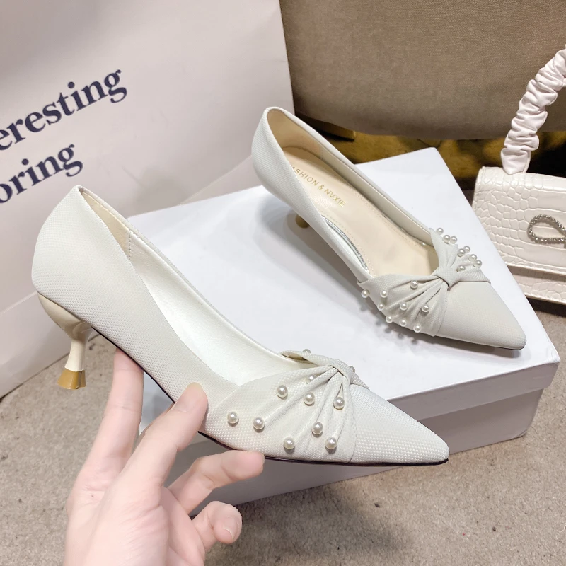 New Fashion Shallow Mouth Pearl High Heels Feminine Bridal Wedding Shoes Pointed Toe High Heels Female Womens Shoes White Heels