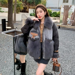 New Winter Goose Down Jackets for Women Loose Denim Patchwork Coat Real Fox Collar Parka IL00647