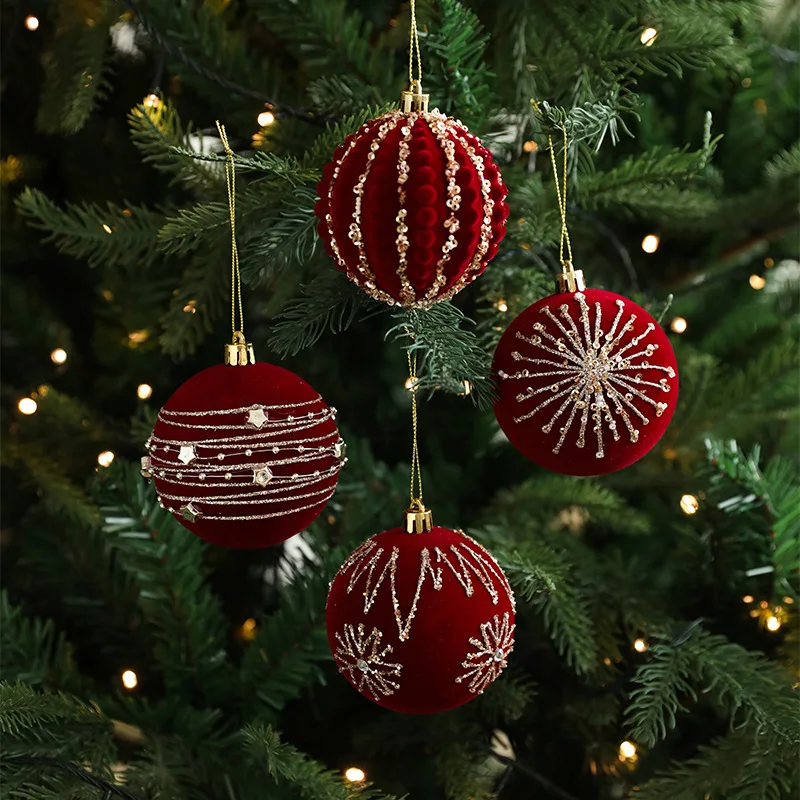 Burgundy Flocked Glitter Christmas Ball Ornaments – 4-Piece Set 4