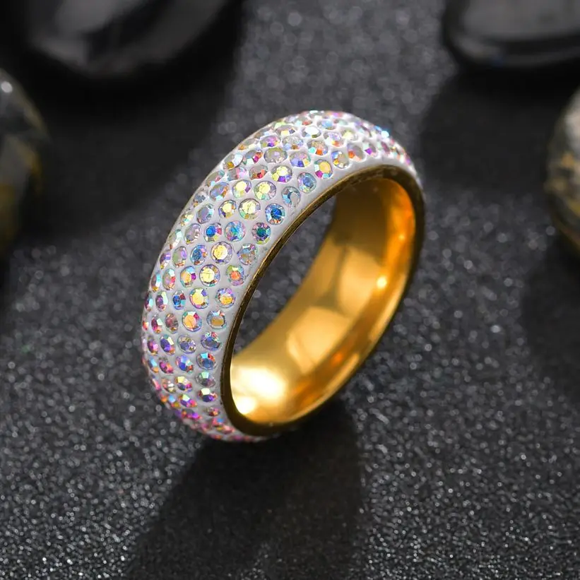 Charm Full Crystal Wedding Rings For Women Punk Rainbow Zircon Stainless Steel Female Ring friend Girl Birthday Gift Wholesale