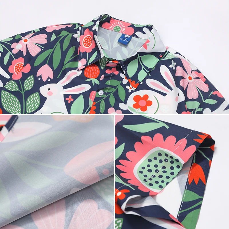 Oversize Rabbit Flower Print 2022 Summer New Joker Loose Couple Casual Shirts for Male Female Students