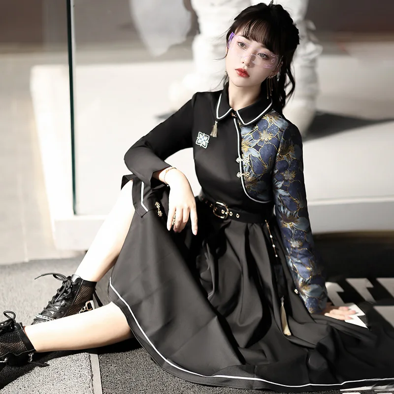 Chinese style Hanfu female element clothing daily dark embroidered vintage dress clothing